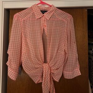 Self Esteem Pink Checkered Tie-Front Blouse
